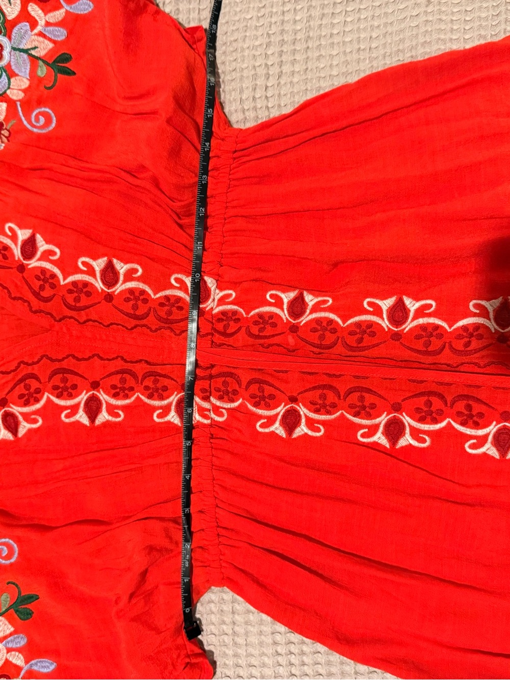 THML Embroidered Boho Peasant Mini Dress Red Floral V-Neck Size S - Picture 6 of 7